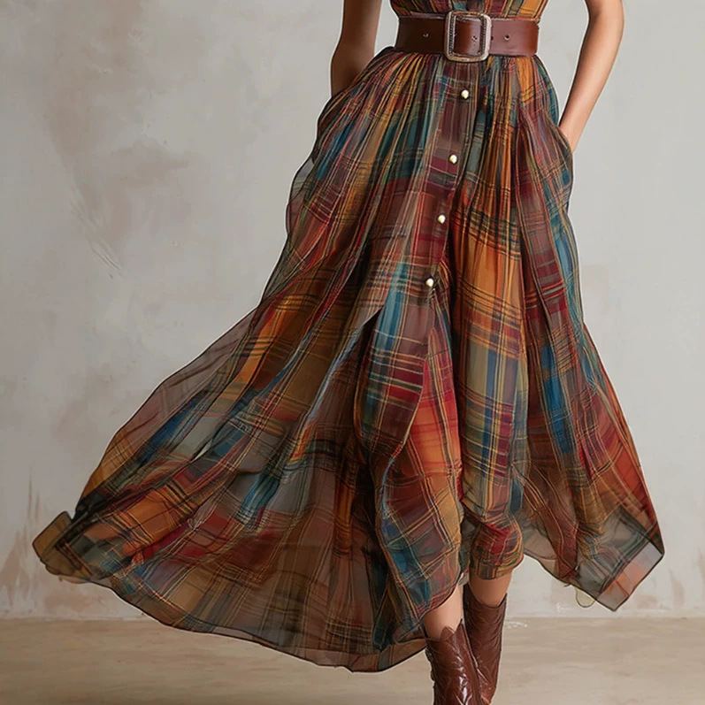 Retro Red-Brown Plaid Chiffon Sleeveless Maxi Dress