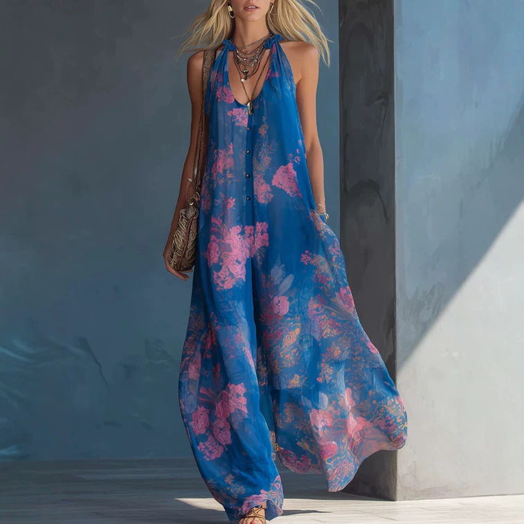 Elegant Vintage Floral Print Blue Chiffon Sleeveless Wide-Leg Jumpsuit
