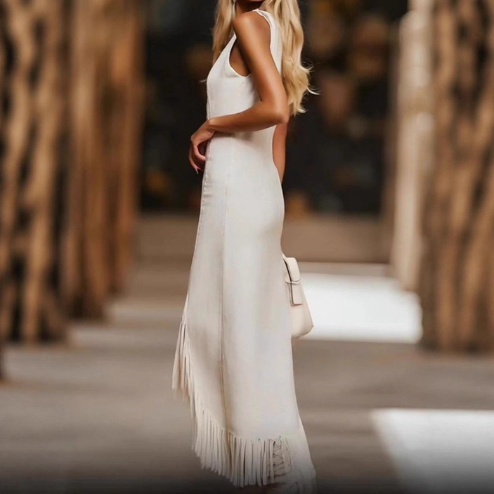 Retro Brown Embroidered White Denim Sleeveless Fringe Midi Dress