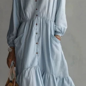 Elegant Striped-Trim Light Blue Long Dress