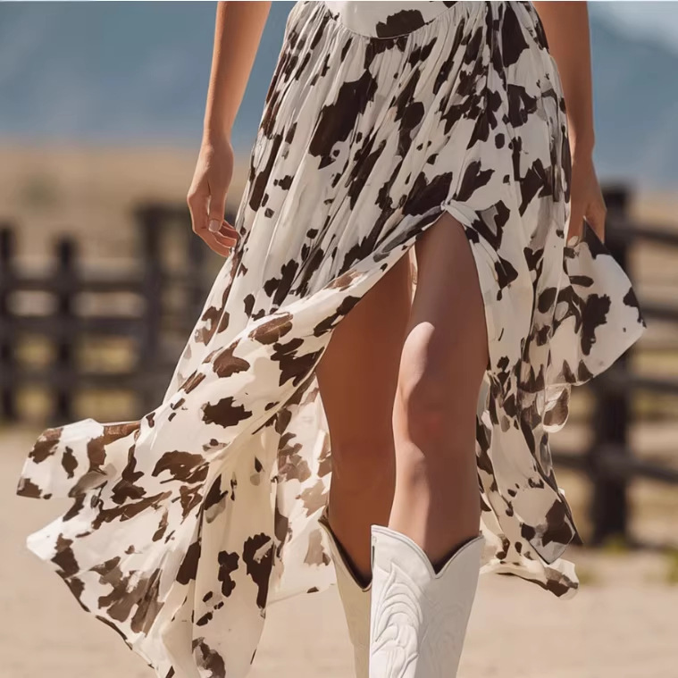 Western Vintage Cow Print White Sleeveless Ruffle Square Neck Midi Dress