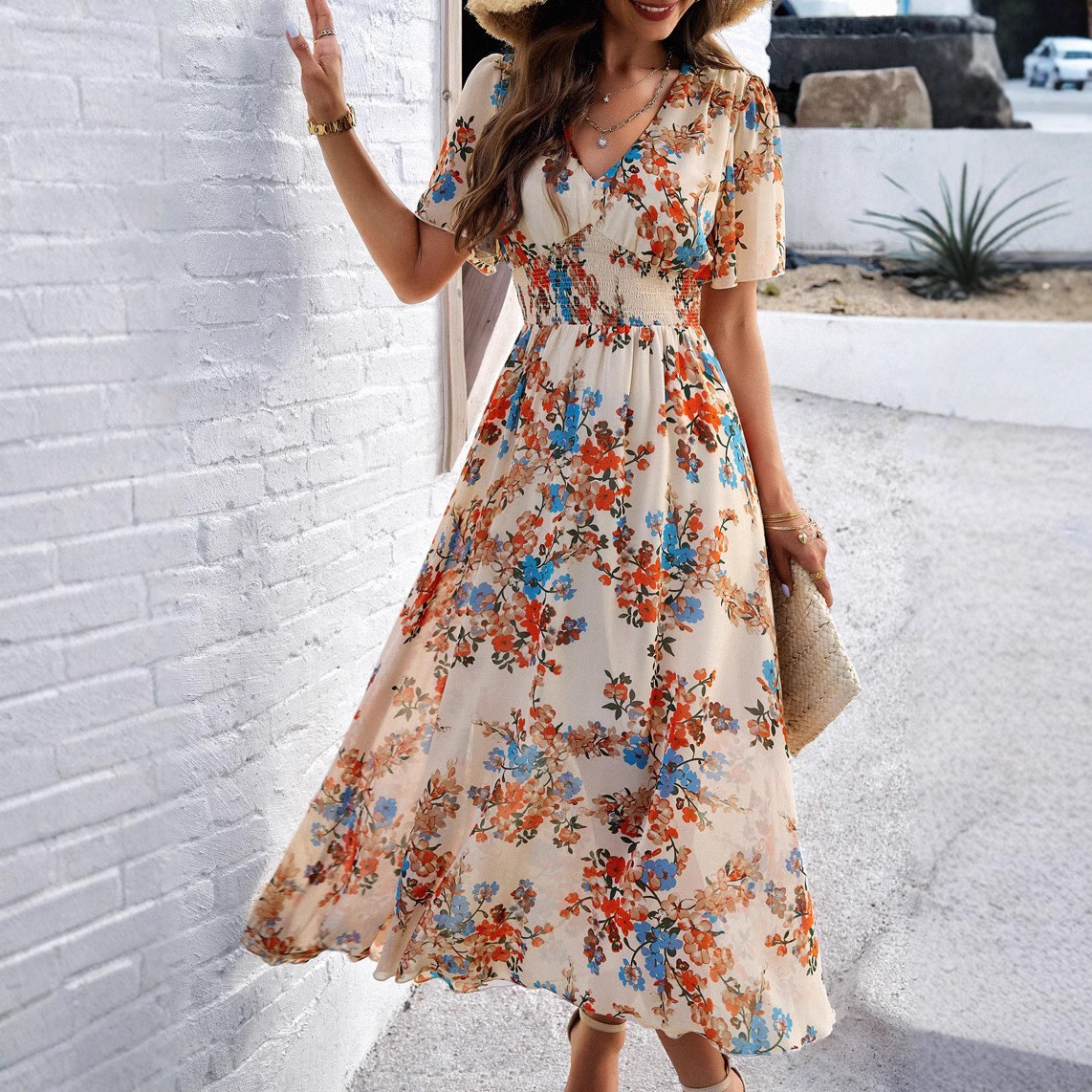Printed V-Neck Cinched-Waist Short-Sleeve Chiffon Dress