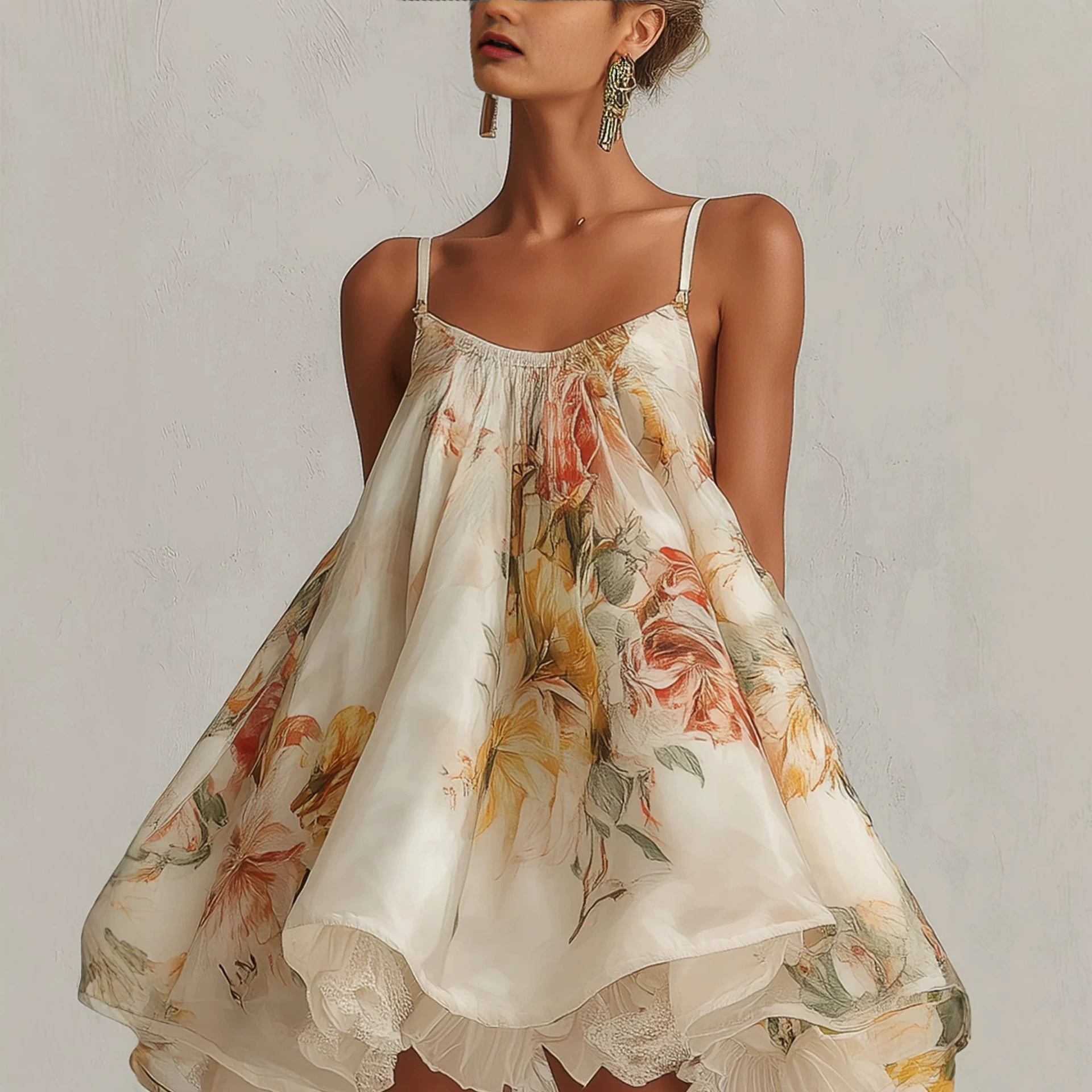 Women's Floral Lace Trim Cami Puff Mini Dress