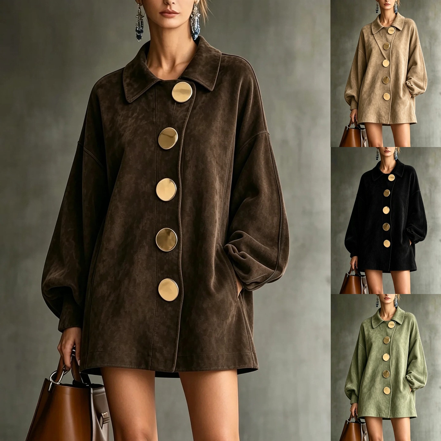 Women's Faux Suede Collared Loose Lantern Sleeve Jacket