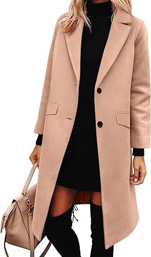 Women's Double-Breasted Wool-Blend Coat with Lapel Collar, Slim Fit, Long Length