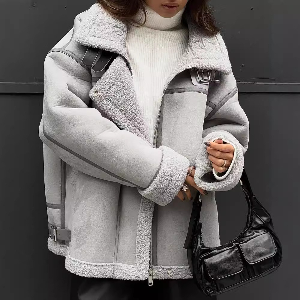 Faux Shearling Moto Jacket with Fur Collar, Patchwork Streetwear Style