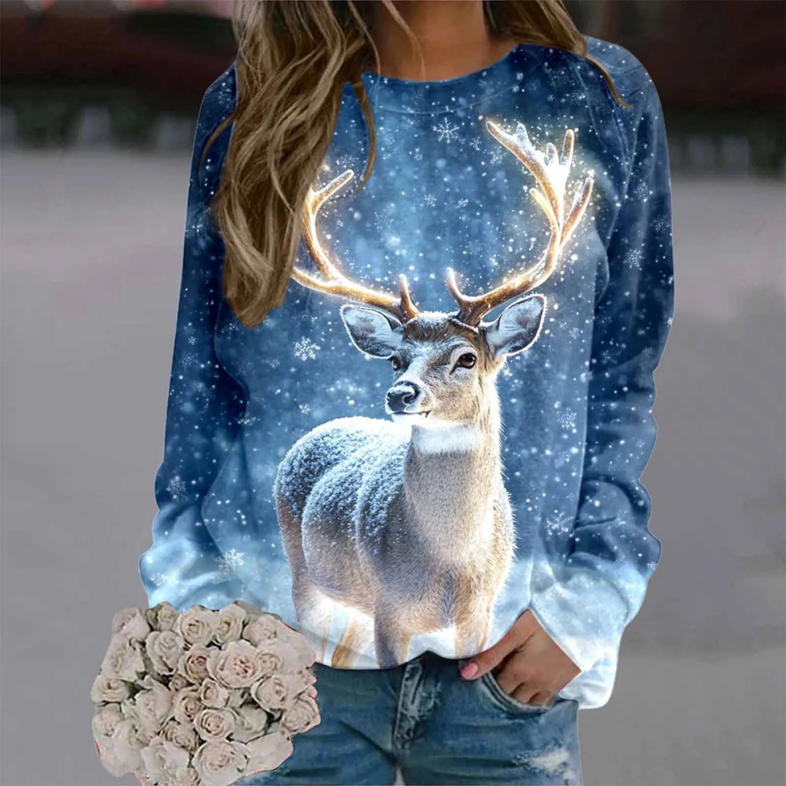 Women's Cartoon Winter Animal Print Crewneck Sweatshirt