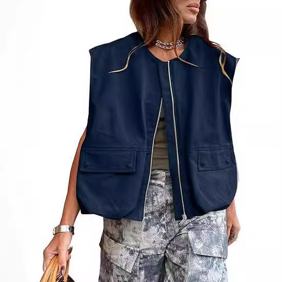 Women's Sleeveless Zip-Up Vest with Pockets Loose Fit