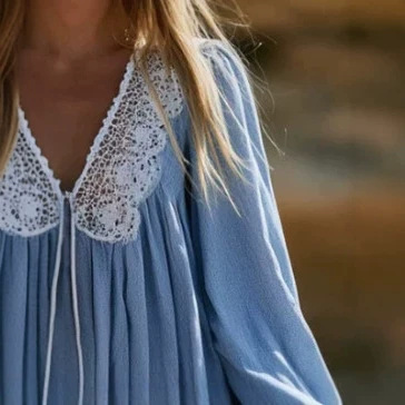 Bohemian Lace-Trim V-Neck Puff-Sleeve Mini Dress