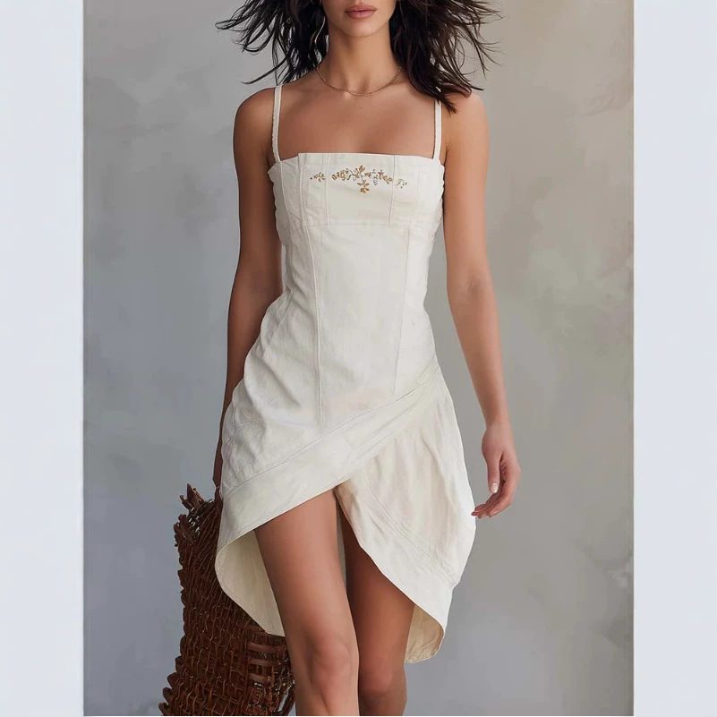 Vintage Embroidered Square Neck Asymmetrical Hem Cream Denim Mini Skirt