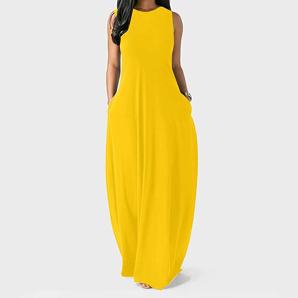 Solid Crewneck Sleeveless A-Line Midi Dress with Pockets