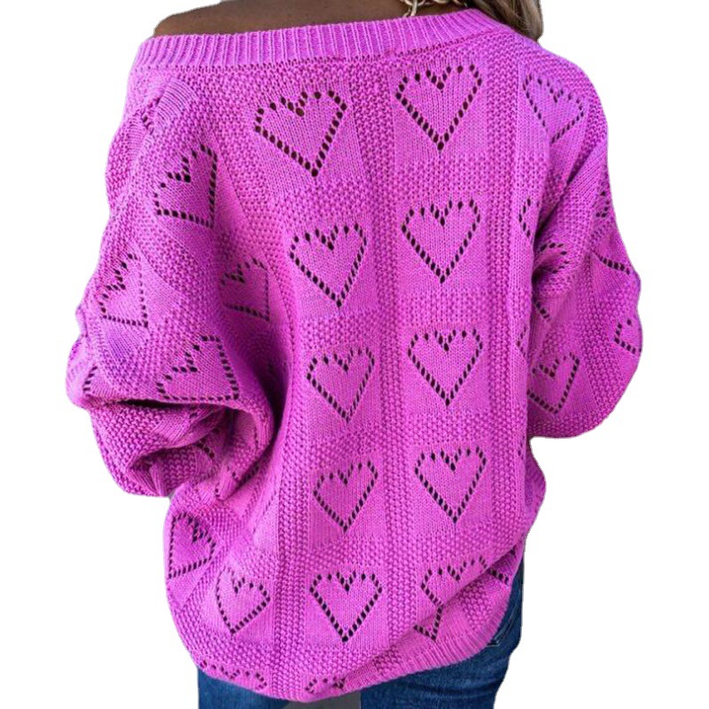Women's V-Neck Heart Cutout Knit Sweater