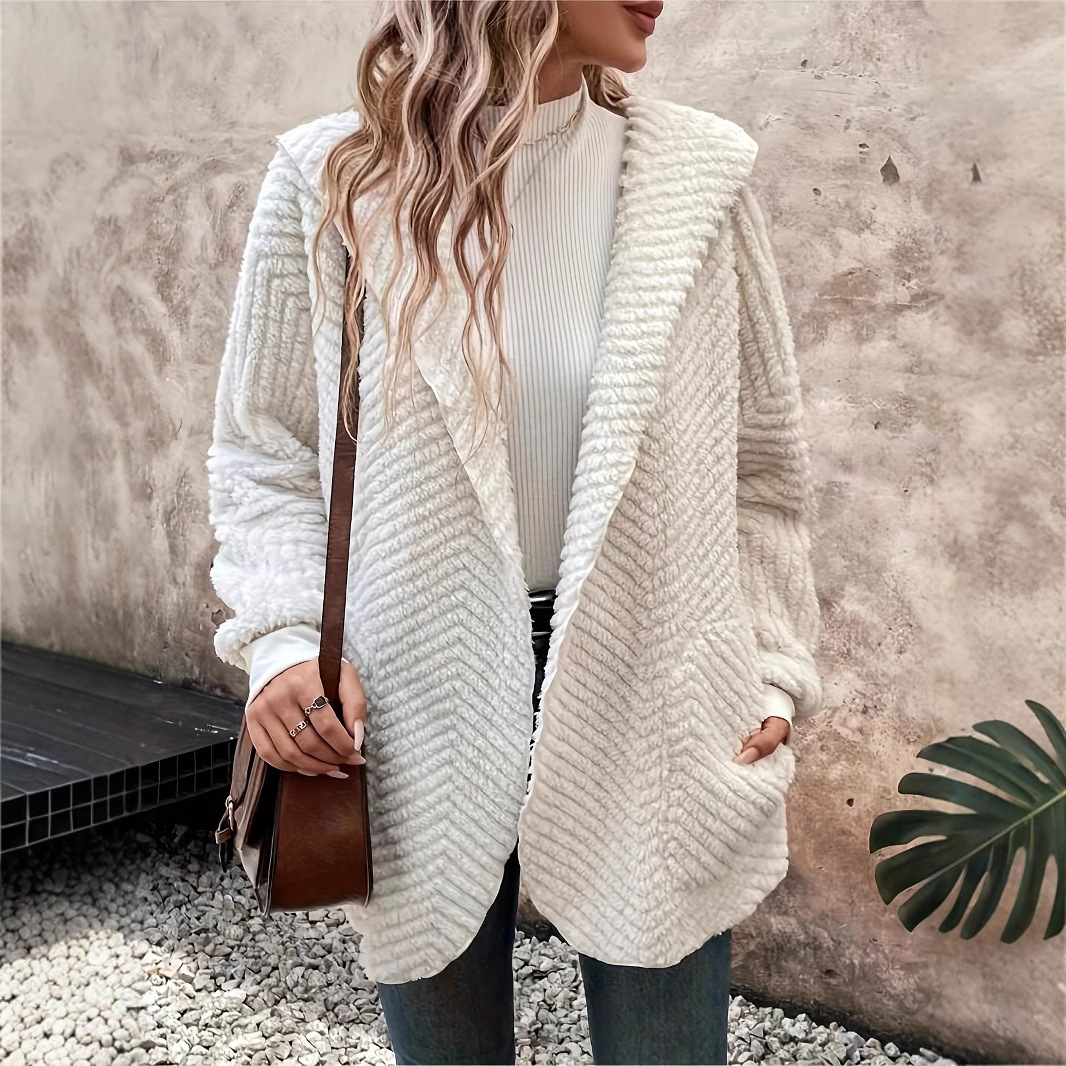 Wave Textured Double-Sided Fleece Hooded Cardigan Coat White