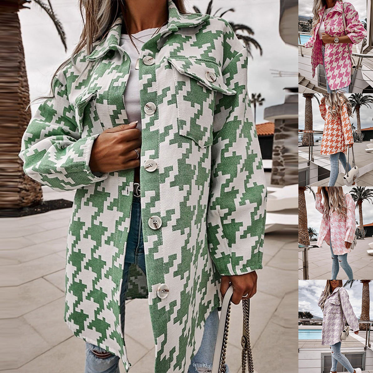 Women's Houndstooth Wool-Blend Coat Loose Single-Breasted Long Sleeve
