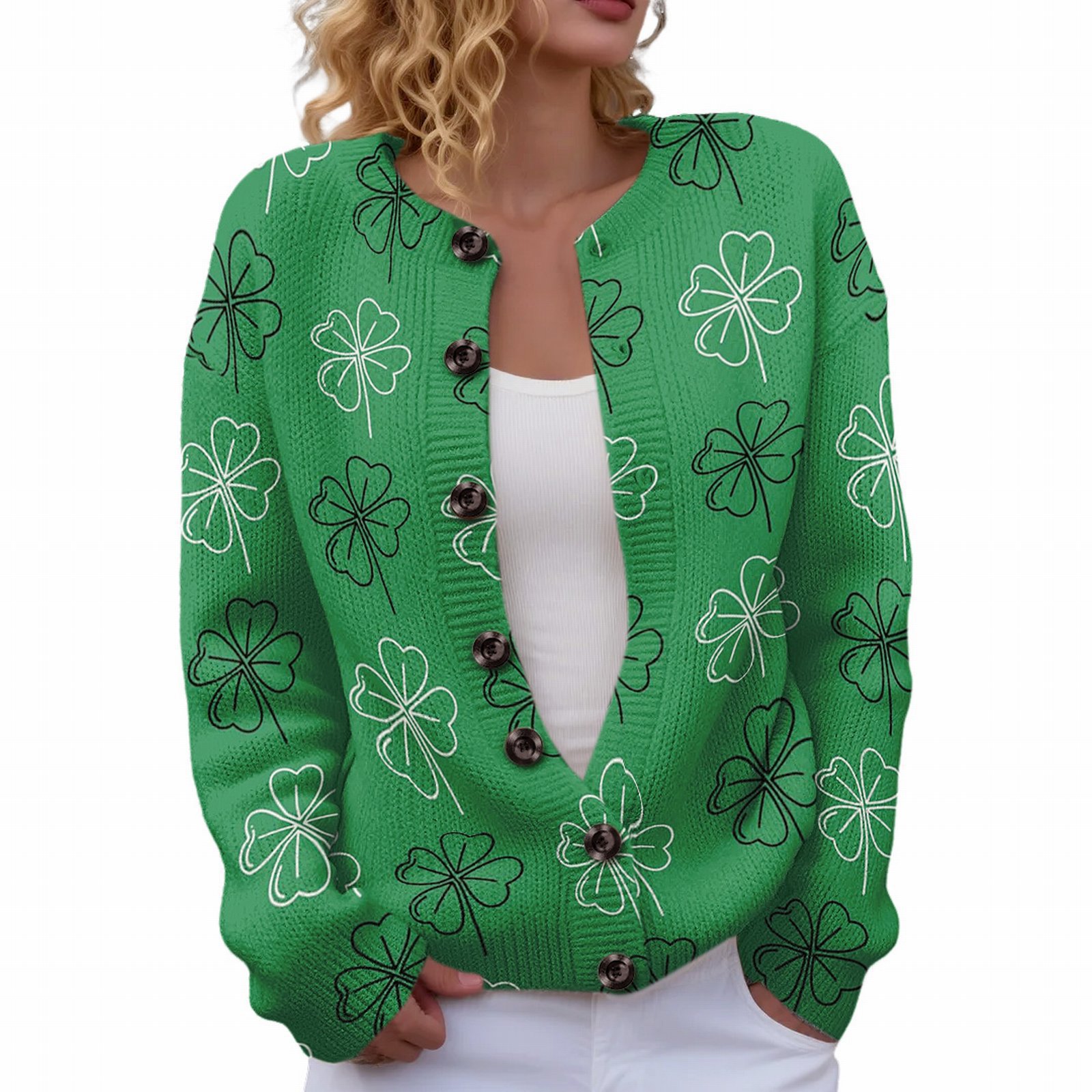 Women's Four-Leaf Clover Print Button Cardigan Sweater