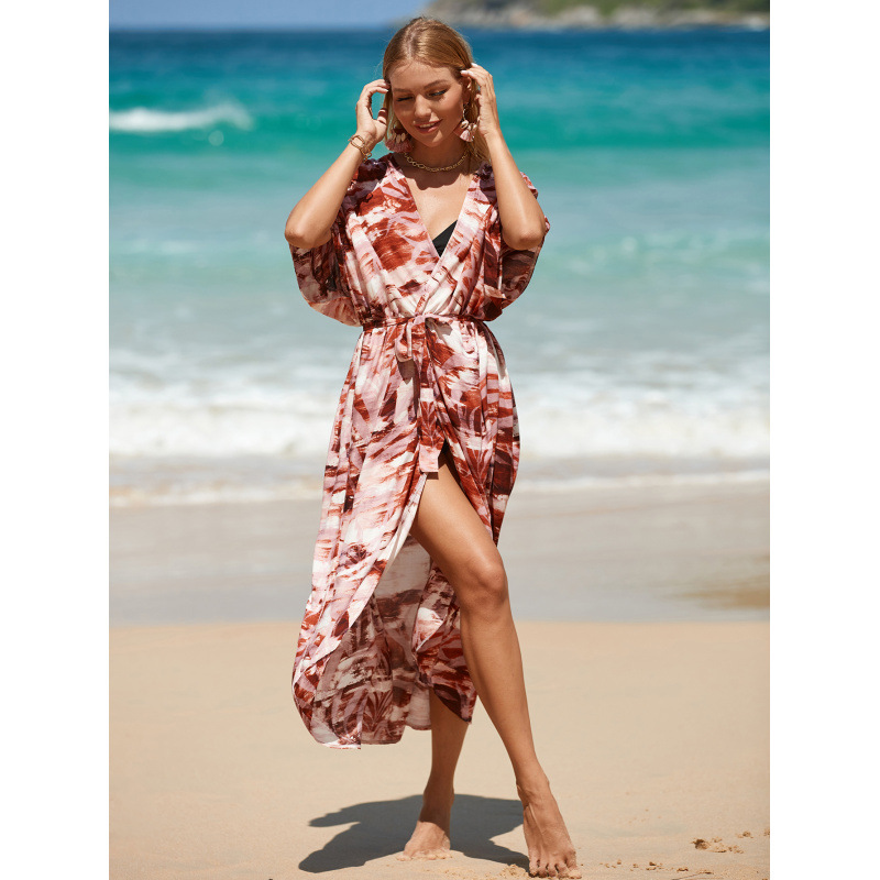 Leaf Print Beach Cover-Up Sheer Open-Front Cardigan