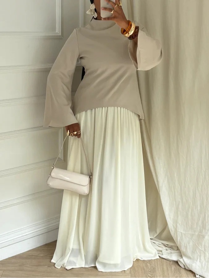 Solid Long-Sleeve Top and Lined Midi Skirt Two-Piece Set