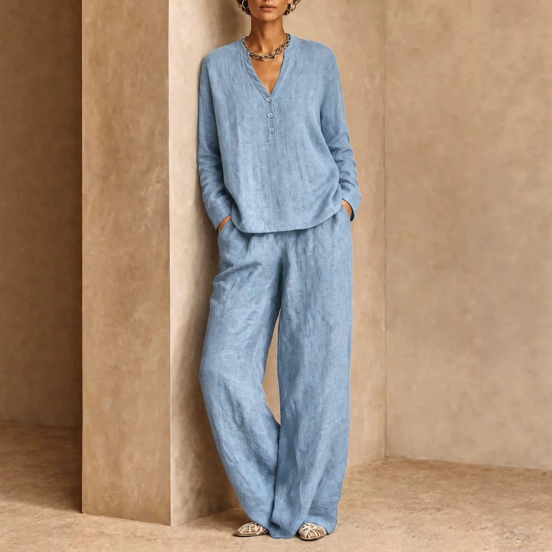 Women's V-Neck Button Solid Long Sleeve Top & Wide-Leg Pants 2-Piece Set