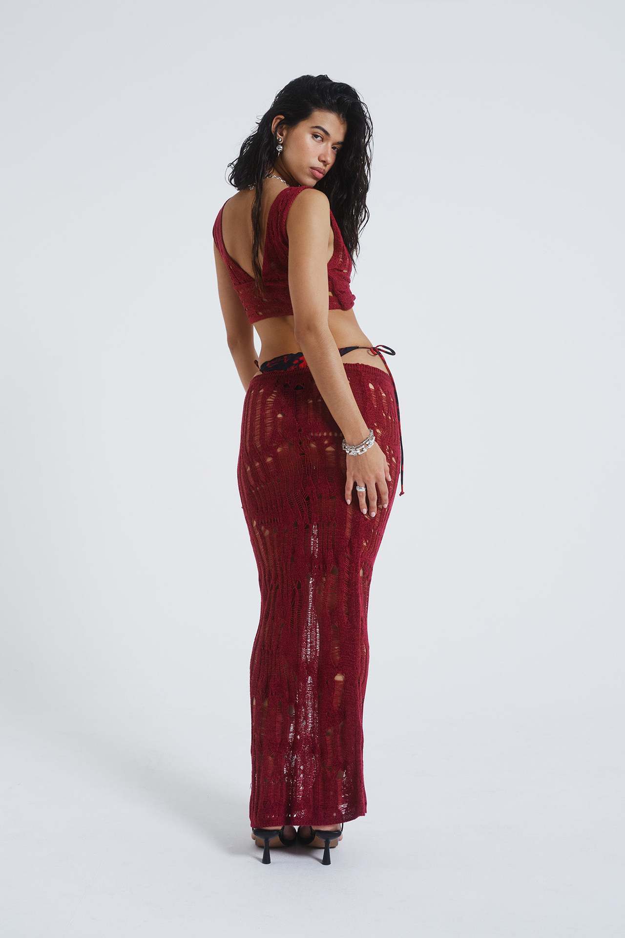 Women's Sexy Lace-Up Sleeveless Tank Top and Bodycon Midi Skirt Knit Set