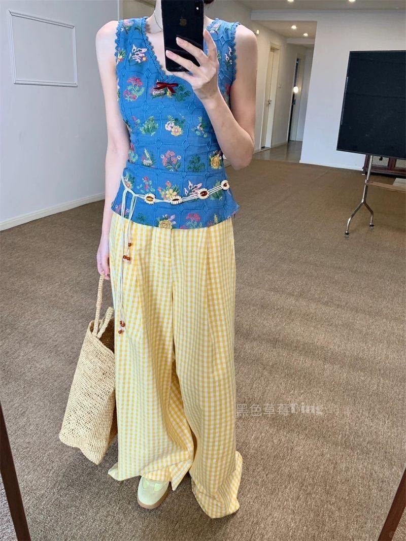 High-Waist Tie-Front Wide-Leg Plaid Pants
