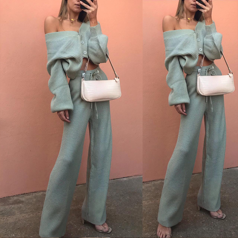 Women's Solid Color Open-Front Cardigan and Pants Two-Piece Knit Set