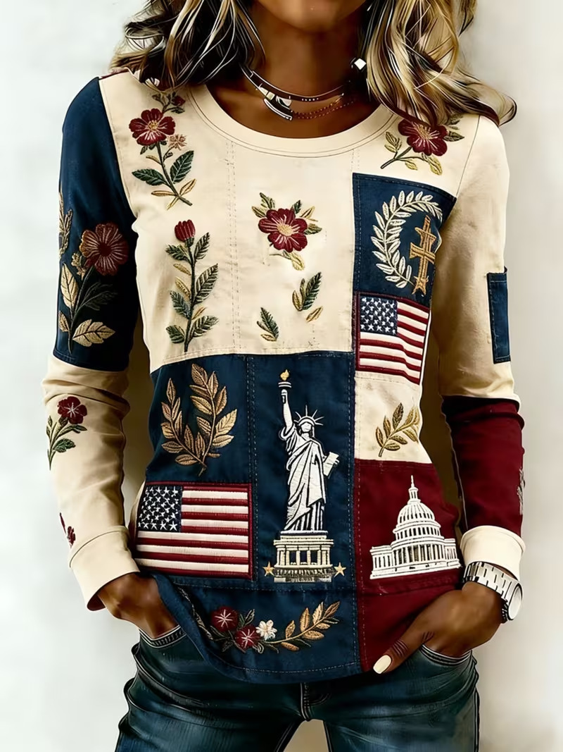 Women's Floral Plaid Print Crewneck Pullover Sweatshirt
