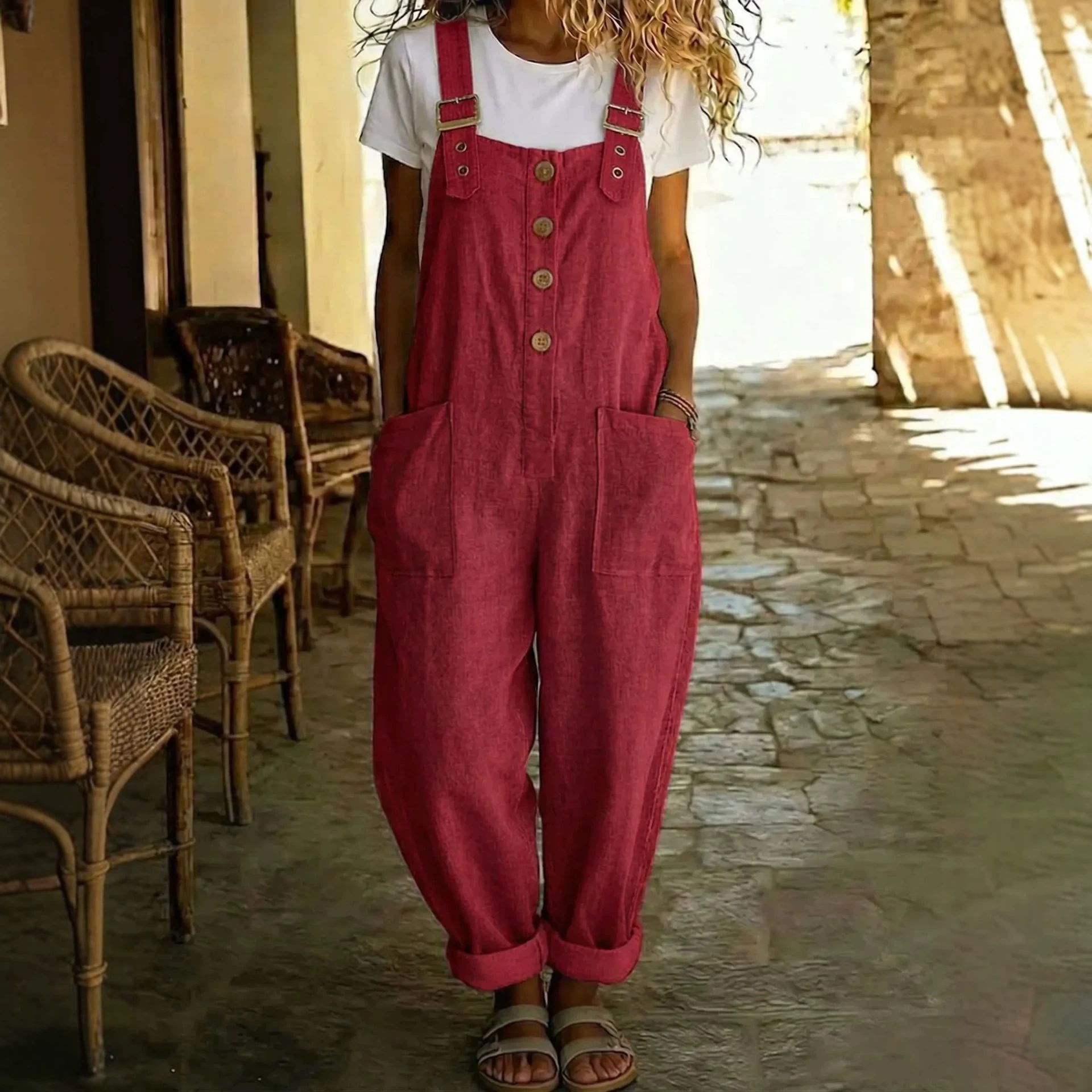 Women's Cotton-Linen Solid Color Vintage Straight-Leg Overalls with Pockets