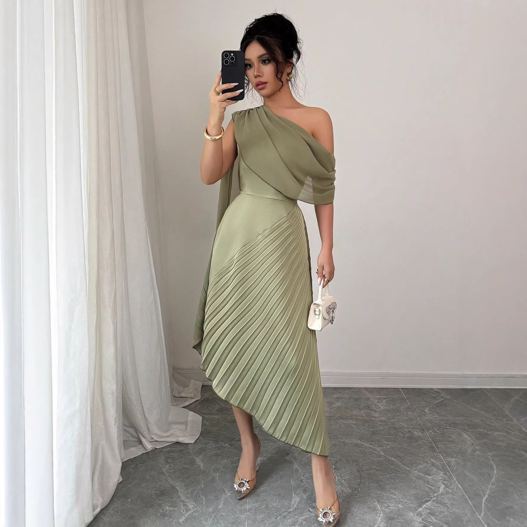 Women's One-Shoulder Ribbon Pleated Midi Dress Elegant Party Gown