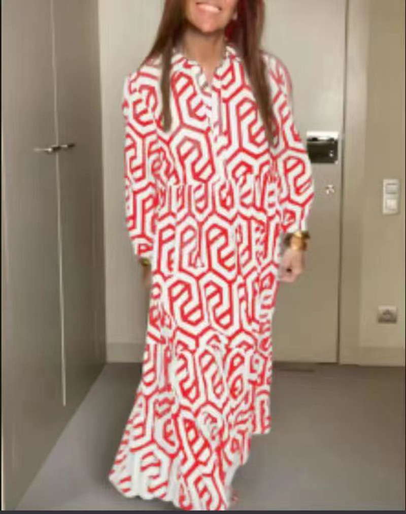 Women's Long Sleeve Collared Printed Shirt Dress