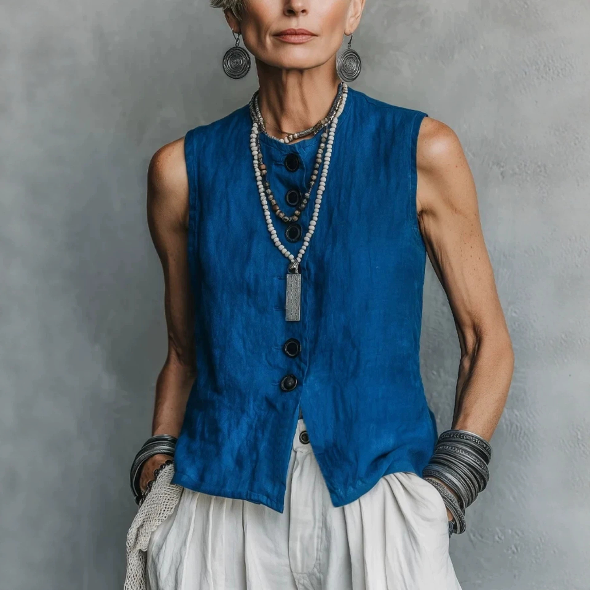Retro Sleeveless Solid Button-Front Vest Women's Loose Casual Top