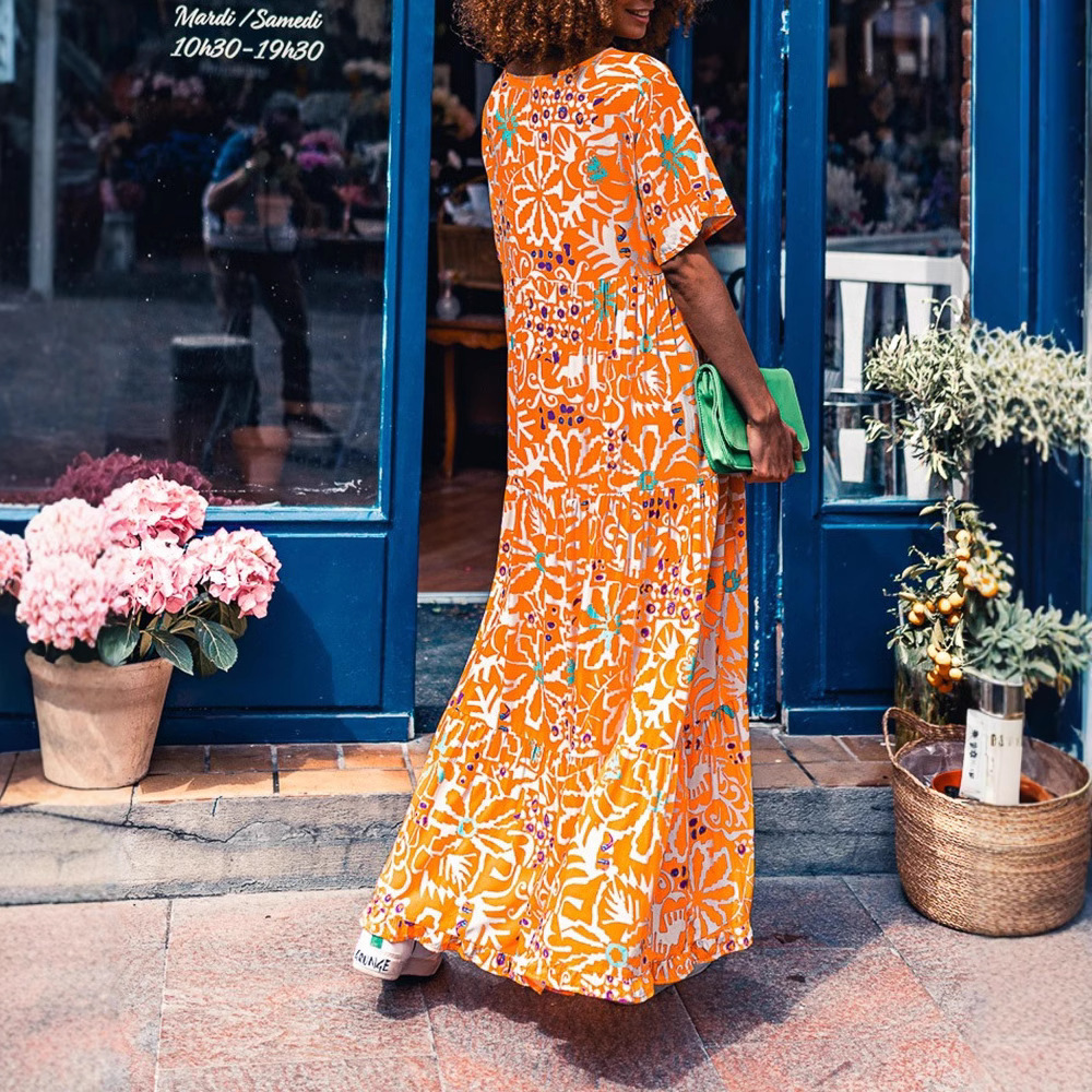 V-Neck Long A-Line Dress with Floral Print and Pleated Details