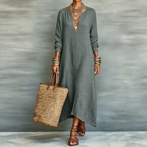 Retro Solid Deep V-Neck Long Sleeve Loose Maxi Dress
