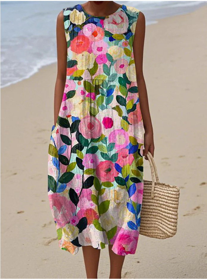 Women's Vintage Floral Sleeveless Midi Dress