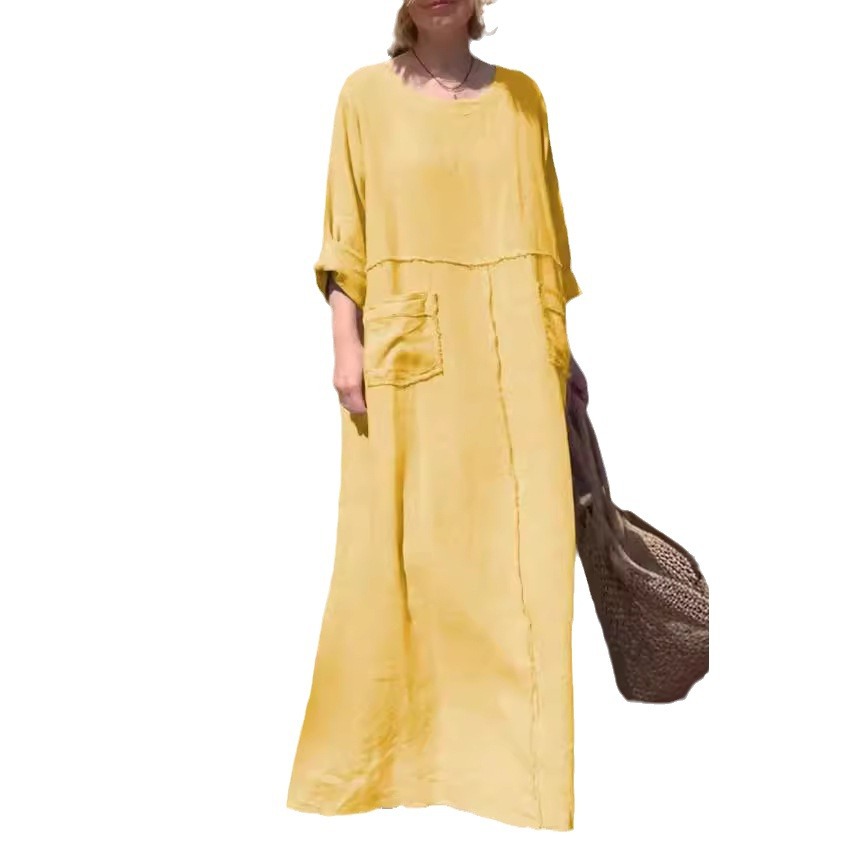 Women's Cotton-Linen Long Sleeve Round Neck Pleated Dress with Pockets