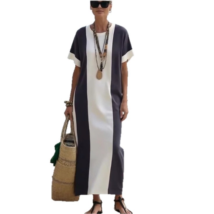 Women's Color-Block Print Round Neck Loose Midi Dress