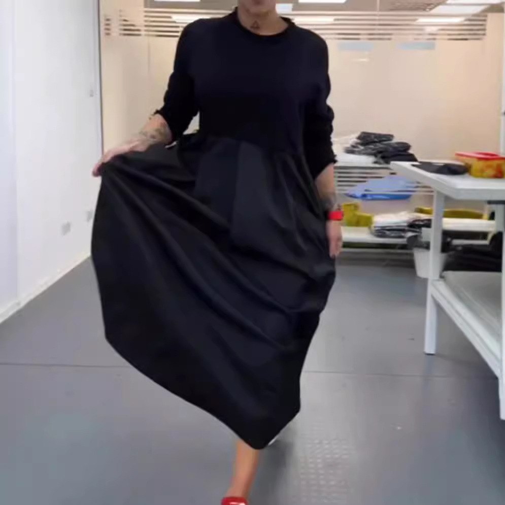 Women's Solid Crewneck Long Sleeve Maxi Dress