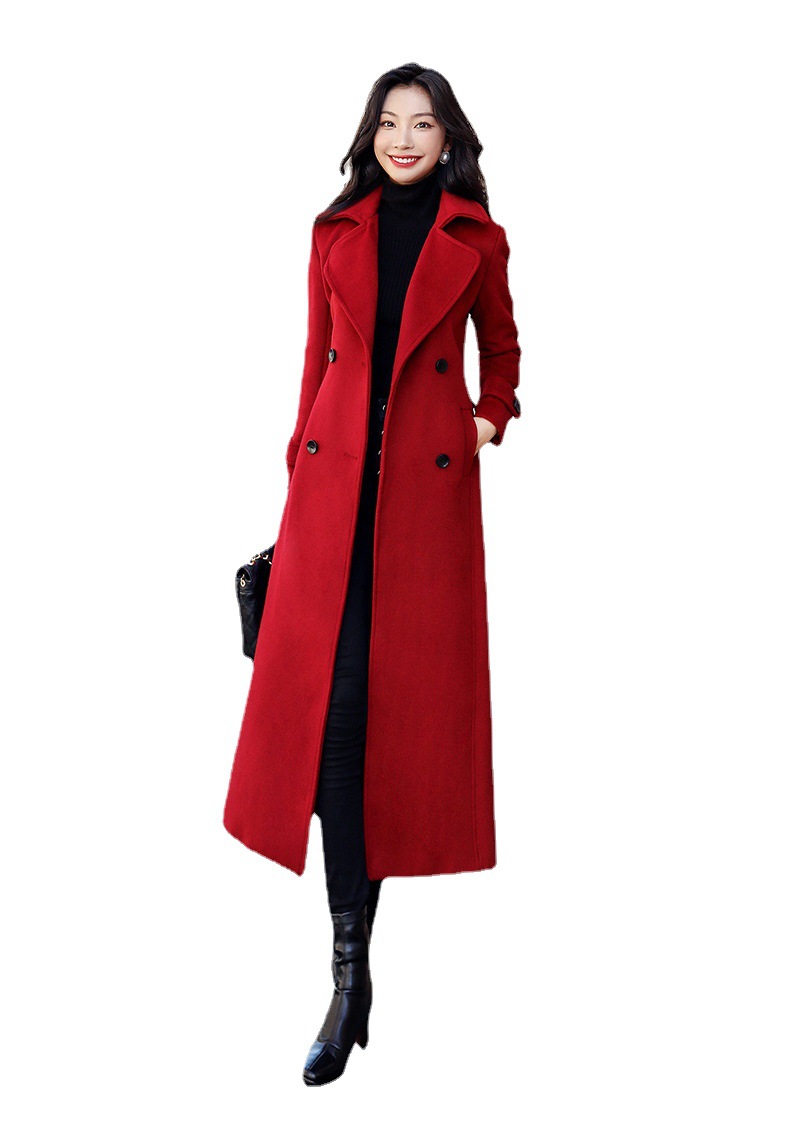 Thickened Wool-Blend Long Coat with Dragon & Phoenix Pattern, Double-Breasted