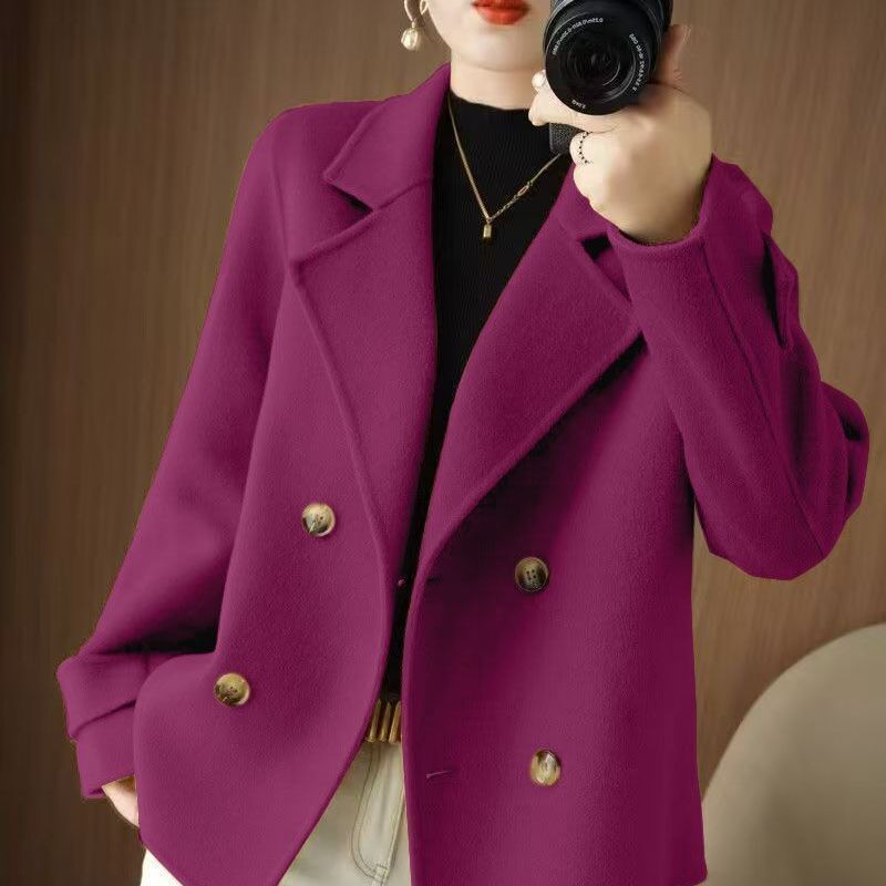 Women's Wool-Blend Short Coat with Suit Collar, Loose Fit