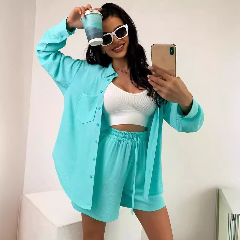 Women's Solid Color Button-Front Long-Sleeve Shirt and Shorts Set Relaxed Casual