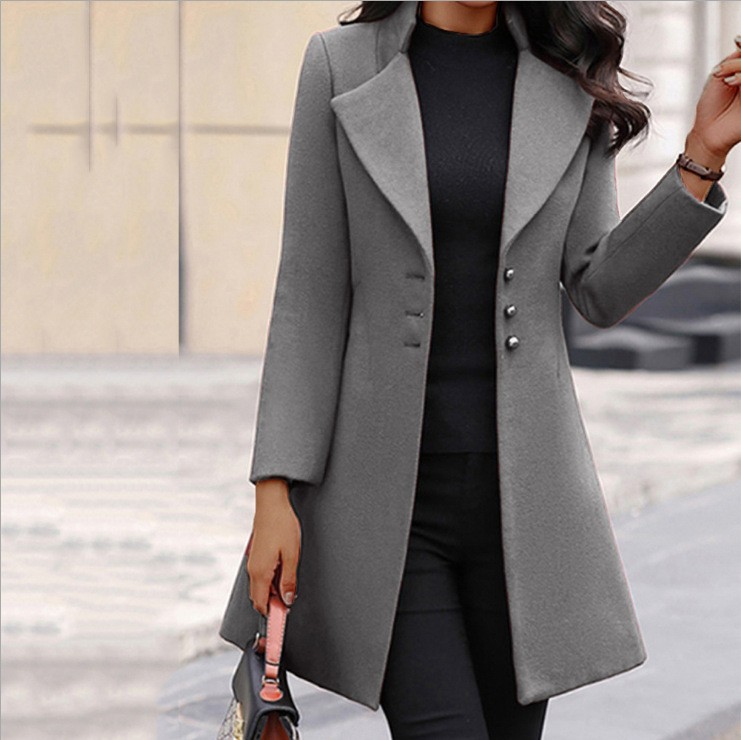 Women's Slim-Fit Mid-Length Wool-Blend Coat with Lapel Collar