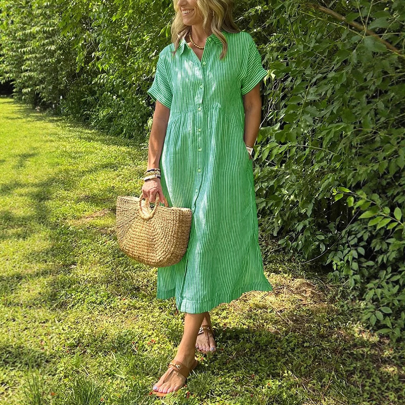 Women's Striped Short Sleeve Shirt Dress Loose Plus Size Cotton Linen Midi