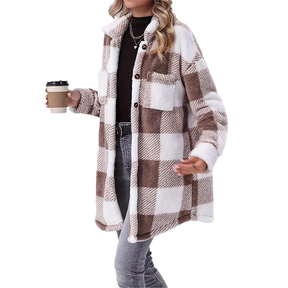 Women's Double-Sided Fuzzy Plaid Long Cardigan Coat with Large Lapel Collar and Button Front