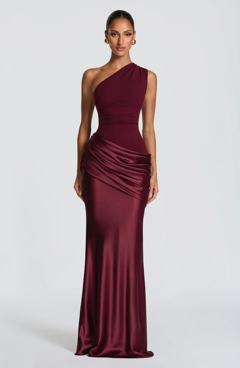 One-Shoulder Ruched Satin Bodycon Maxi Dress