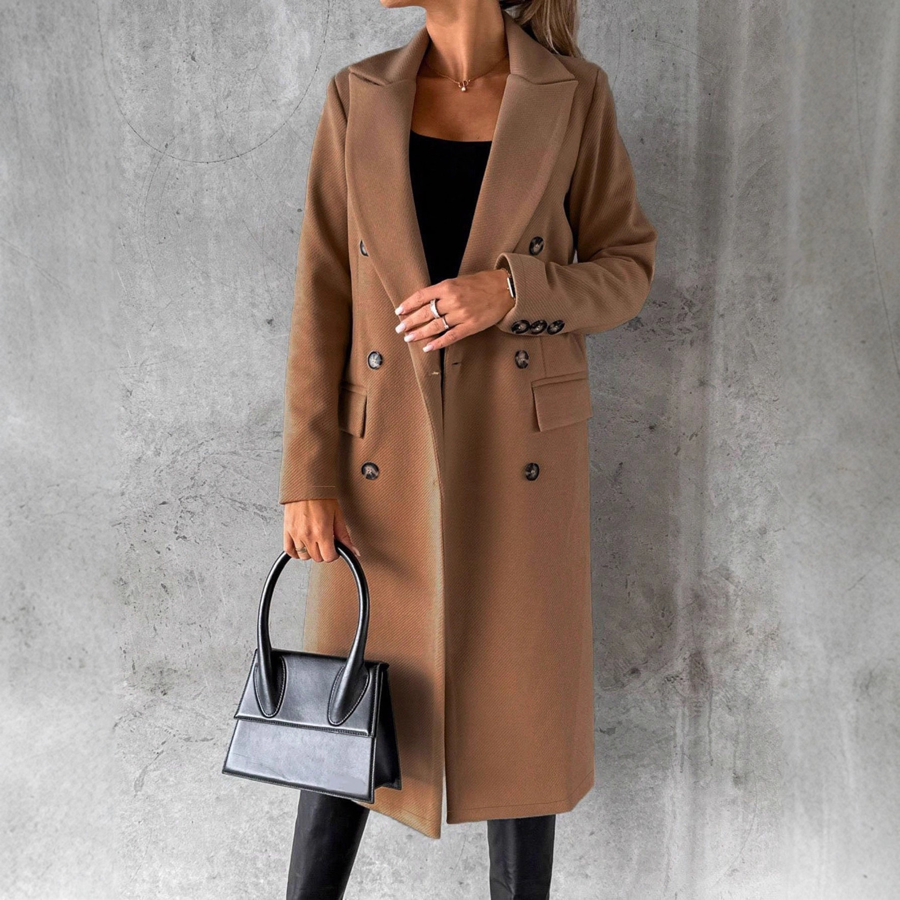 Women's Mid-Length Wool Coat with Real Pockets Double-Breasted