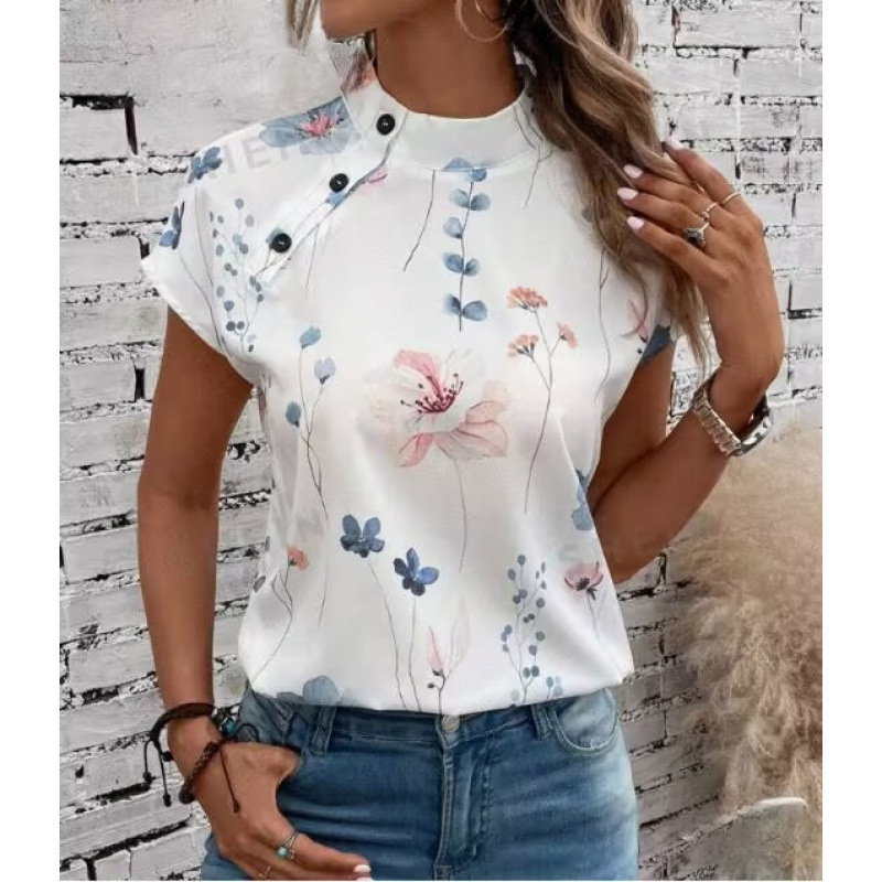 Summer Three-Button Stand-Collar Floral Shirt for Women