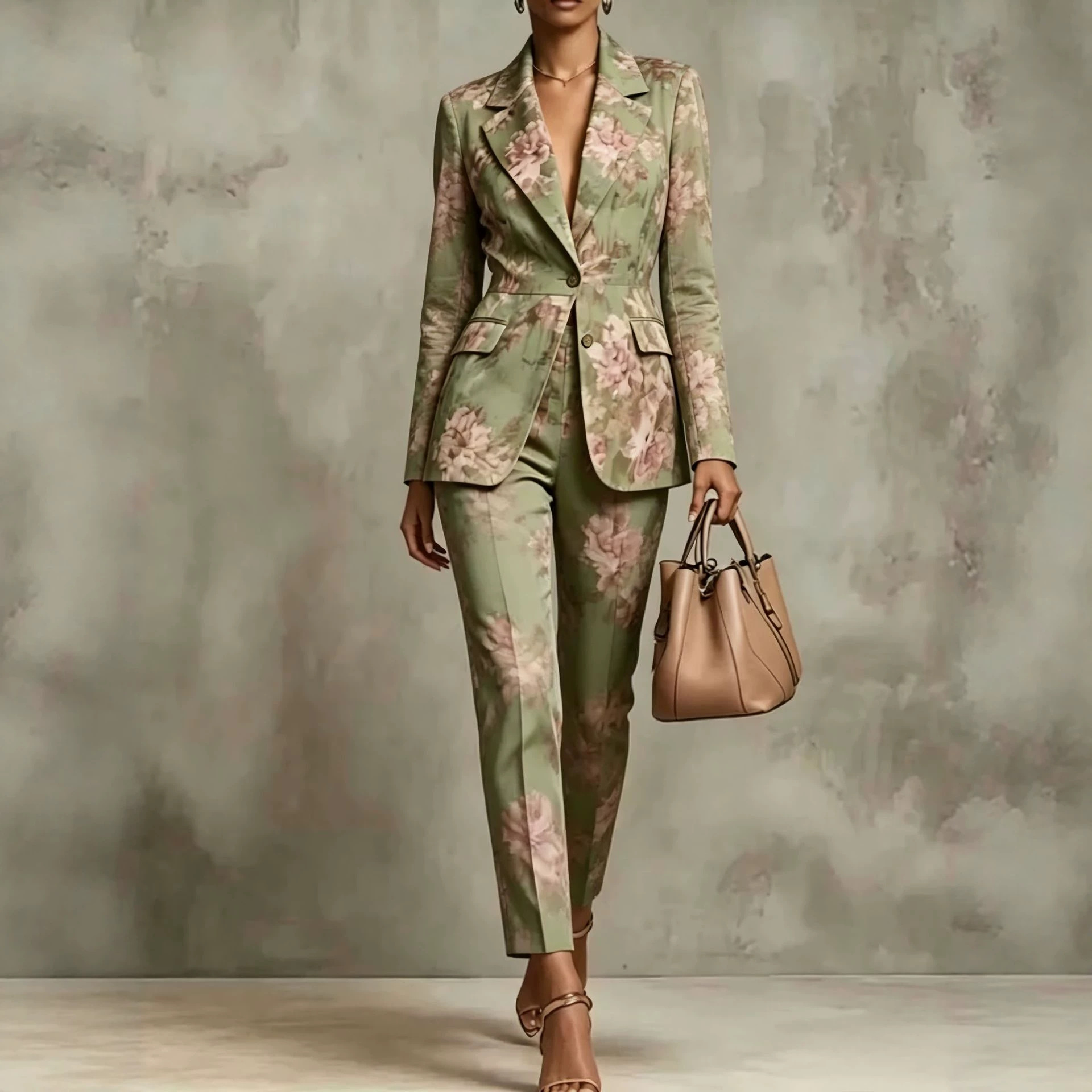 Digital Print Sleeveless Blazer and Pants Two-Piece Set
