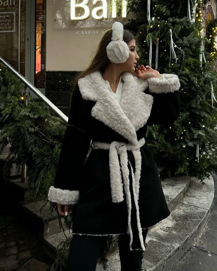 Women's Faux Shearling Wool Coat with Belt