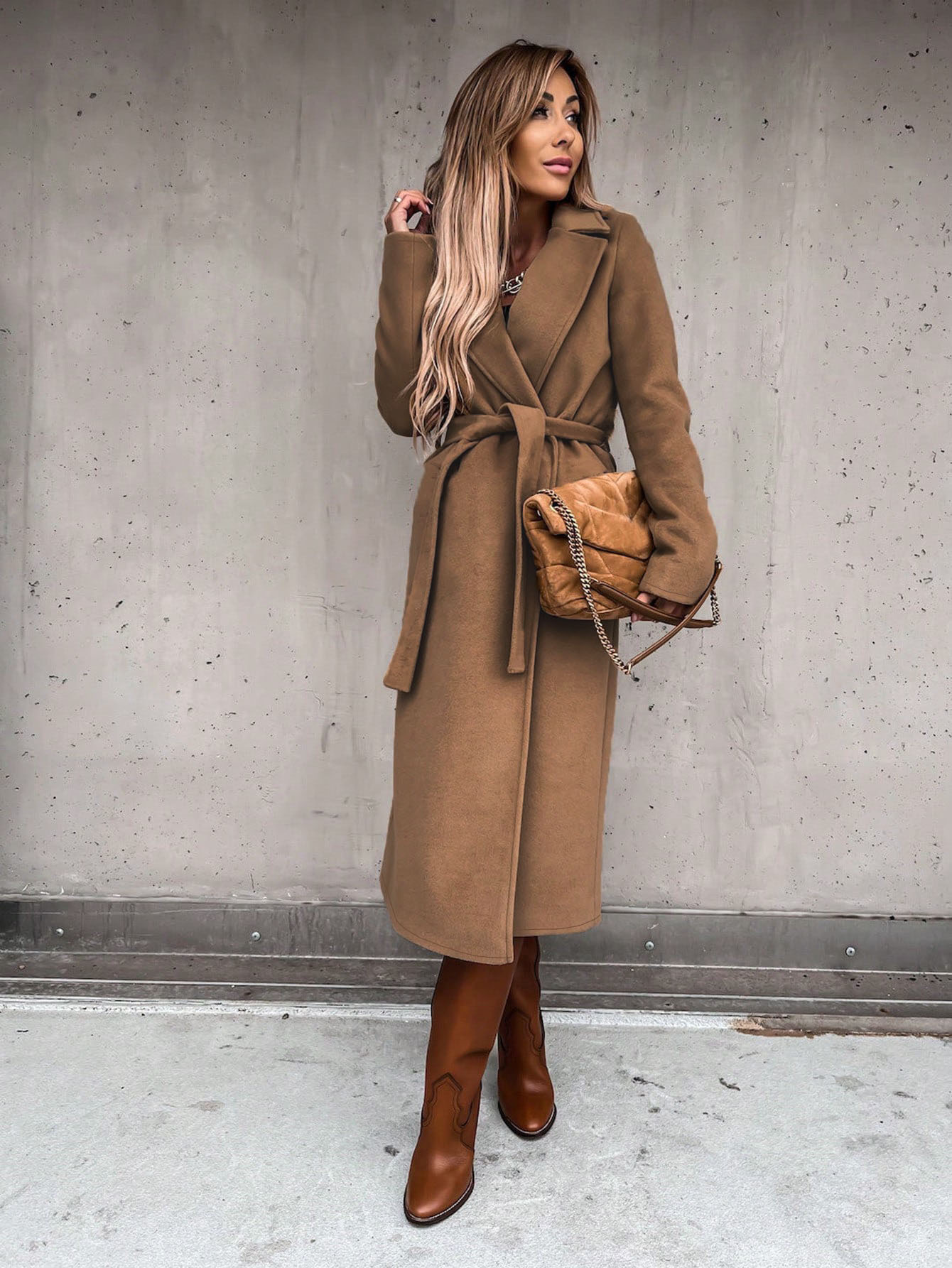 Women's Belted Wool Coat Long Loose Fit Lapel Collar