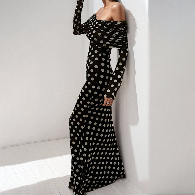 Retro Polka Dot Off-Shoulder Bodycon Long Dress