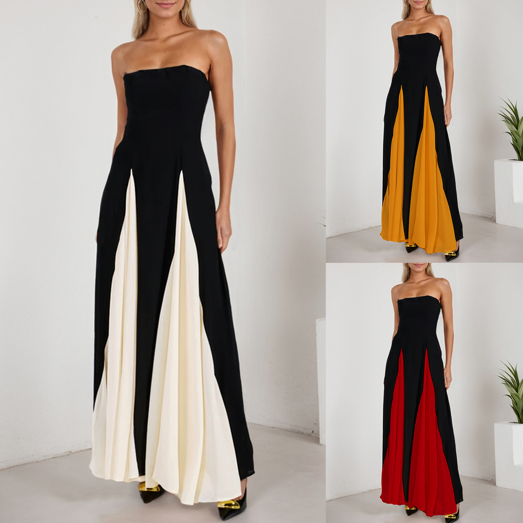 Women's Strapless Color-Block Bodycon Long Dress Off-Shoulder Evening Gown